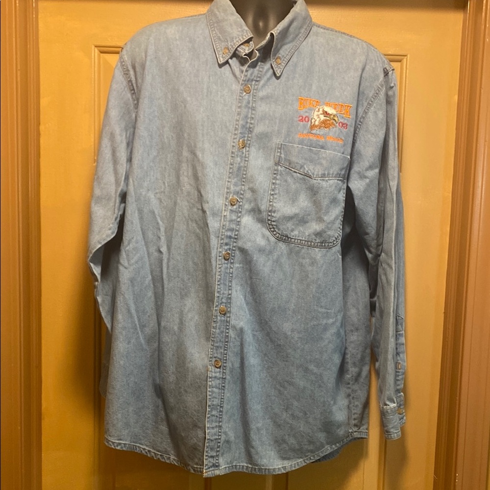 Biker Bike Week 2003 Daytona embroidered front and back patch denim shirt Sz L